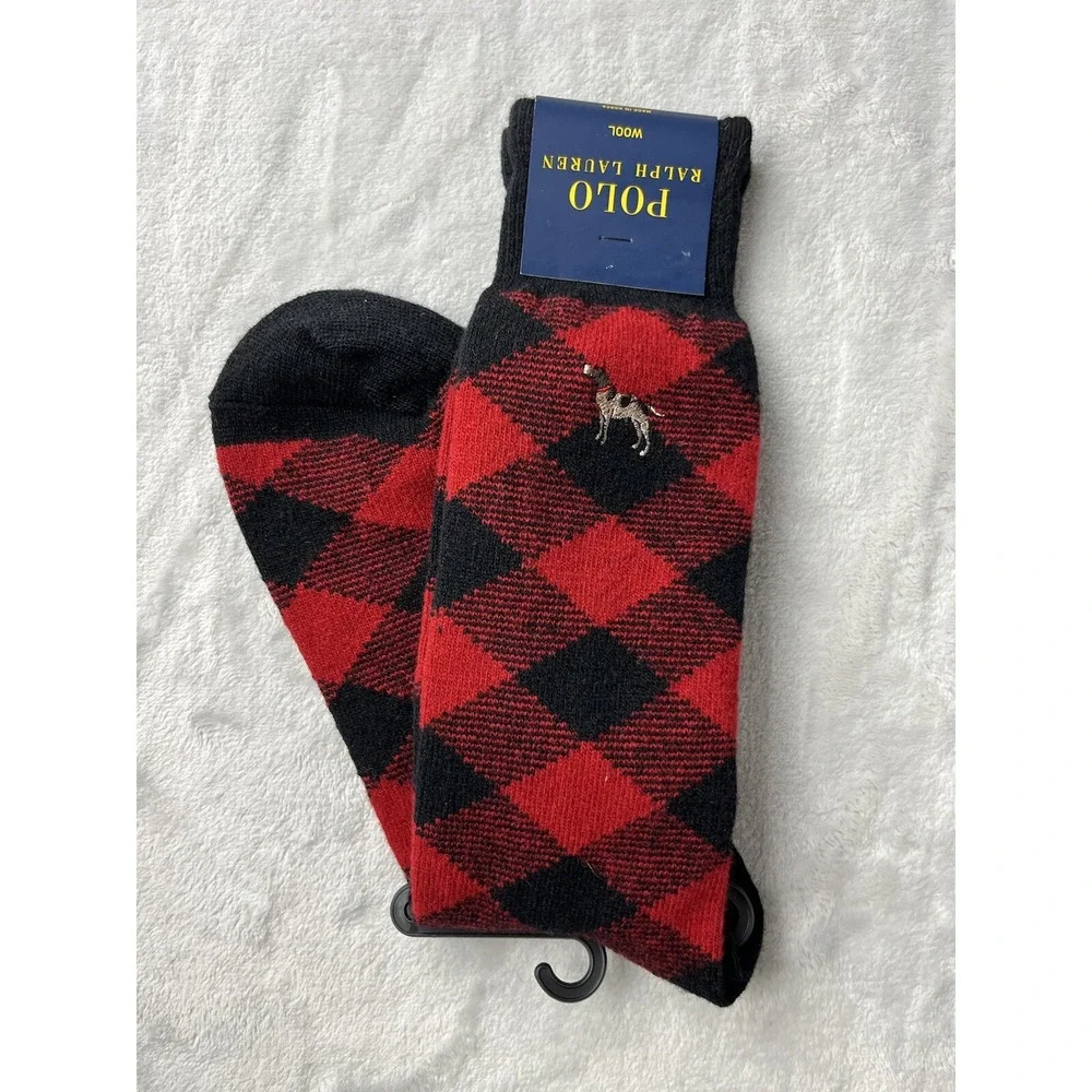 POLO RALPH LAUREN Sock Men Size 10-13 Hunting Dog Embroidered Red Diamond Check